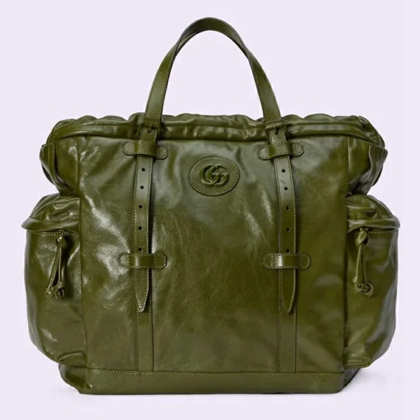GUCCI Tote taske med snoretræk med tonal dobbelt G - Skovgrønt læder